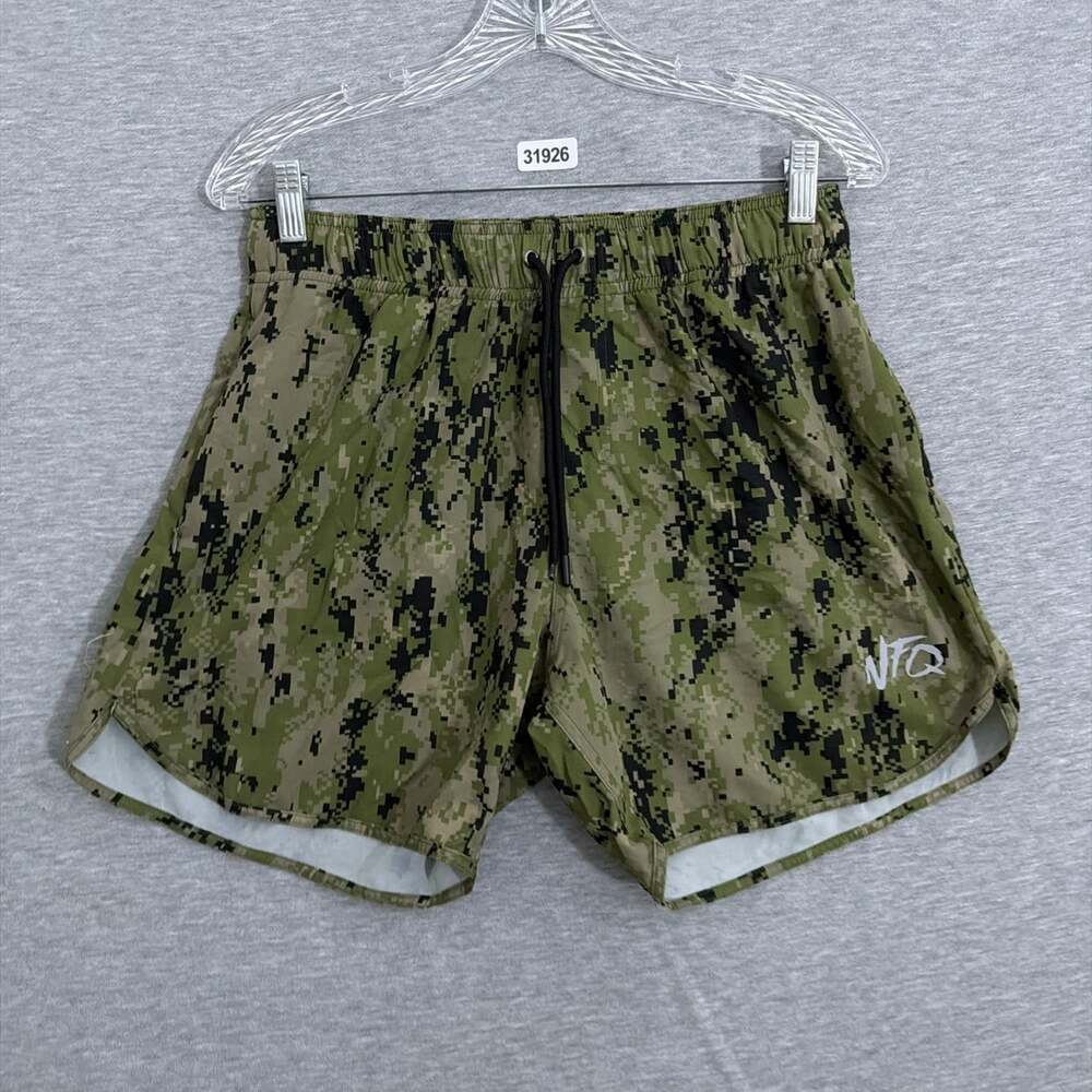 NFQ Mens Medium Green Camo Digital Print Active Athletic Shorts 5" Inseam